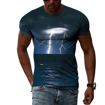 Verão, Moda masculina Casual Paisagem Padrão de T-shirts Relâmpago Natural do Clima Gráfico T-Shirts Personalidade Tendência de Impressão de T-Shirt