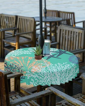Verde Aqua Marinho de Corais Shell de Estrela-do-mar ao ar livre Toalha de mesa com Guarda-chuva Buraco com Zíper Impermeável Piquenique Pátio Mesa Redonda Tampa