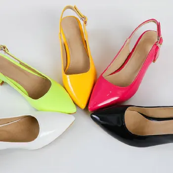 QPLYXCO 2021 Verão Patente de Couro PU Mulheres Plus Size Sapatos 48 49 50 Slingback Sexy Amarelo Fuschia Mulher Chunky Salto Sandálias