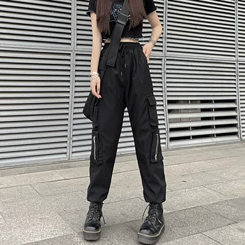 Harajuku Style Preto Calças Cargo das Mulheres Calças de Moda Casual Bolso de Cintura Alta Calças Esportivas Feminino