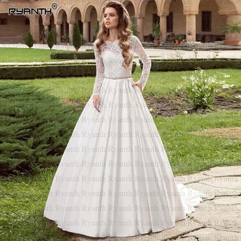 Robe de mariee Romântico Mangas compridas Laço de Cetim Vestido de Noiva Com Bolsos 2020 Feitos de Cristal Cinto de Vestidos de Casamento