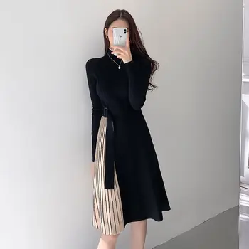 Vintage Elástico Camisola de Malha Midi Vestidos para Mulheres Listrado Bodycon Vestido de Moda na Coreia do sul Slim Trabalho do Office Vestidos de Inverno 2023