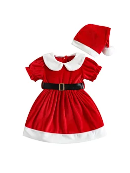A criança de Meninas de Natal, Vestido de Uma linha Vermelha de Manga Curta, Gola Boneca de Vestido com Cinto Chapéu