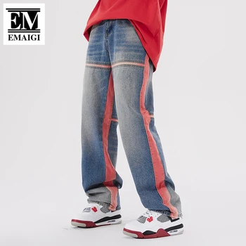 Homens Emenda Jeans De Lado Faixa Moda Streetwear Hip Hop Solto E Casual Calça Jeans Reta De Calça Masculina Jeans Baggy Jeans, Calças