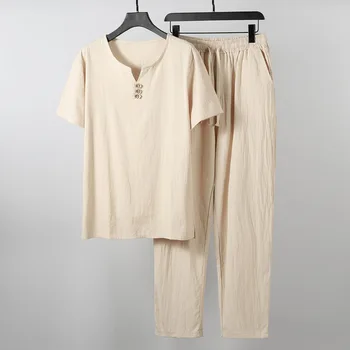 Plus Size Vestuário masculino Vintage Treino Marido de Verão Branco Casa Terno de Linho T-Shirt da Moda Masculina Conjunto Chinês 6XL 7XL 8XL 9XL