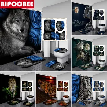 Solitário, Orgulhoso Leopard Wolf 3D Impresso Cortinas de Chuveiro Cortina de Banheiro Conjunto Wc tampa Tampa Rosa Azul Tapete de casa de Banho Pedestal de Tapetes