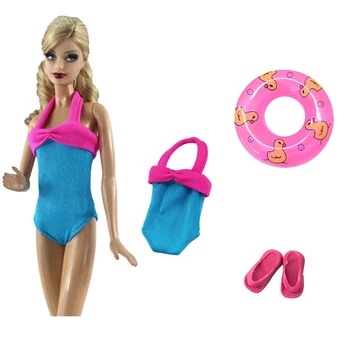 NK 1 Conjunto de Princesa Azul Siameses Praia de Maiô + Chinelos de quarto + Natação Bóia Lifebuoy Anel Para a Boneca Barbie Acessórios Dom de Brinquedo