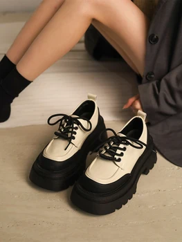 Sapatos De Mulher Flats Oxfords Estilo Britânico De Sapatos Com Pele Casual Feminino Sapatilhas Rasas Boca Tamancos De Plataforma Dedo Do Pé Redondo Vestido De Lea