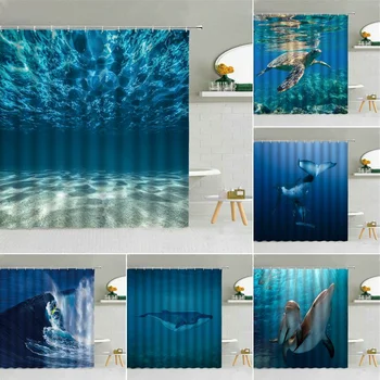 Oceano azul subaquático, praia de paisagem cortina de chuveiro dolphin tartaruga baleia animal decoração de banheiro gancho da cortina