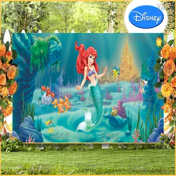Dos Desenhos Animados De Disney Pano De Fundo Princesa Pequena Sereia Ariel Festa De Aniversário Personalizado Dourado Bonito Castelo De Fotografia De Fundo