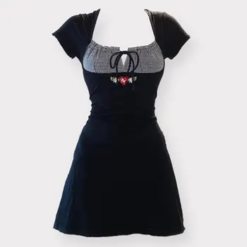 2023 Vintage Arco Bordado de Mini vestido Emendados praça neck manga Curta vestido preto roupas Vintage