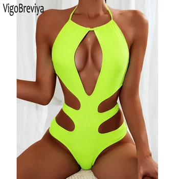 VigoBeviya 2023 Sexy Sólido Amarrado Halter Swimwear Das Mulheres De Cintura Alta Push-Up Oco De Um Maiô De Peça Monokini Verão Maiô