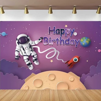 Fotografia Backdrod Cartoon Astronauta De Aniversário, Festa Temática De Fundo Do Universo Foguete Planeta Cartaz Crianças Retrato Cartaz