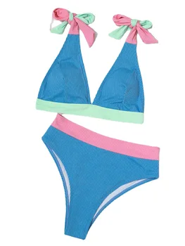 Bloqueio de cores Laço trajes de Banho Poço Faixa de Cintura Alta Bikini Sexy para Mulheres de Duas peças de Divisão maiô Estilo Praia Maiô Novo