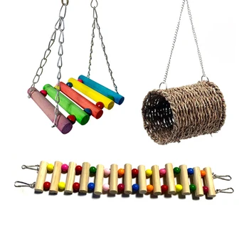 3pcs Pássaro Brinquedos Conjunto de Gaiola da Rede de Balanço Colorido Balanço de Madeira Escada de Palha, Tecelagem Ninho De Papagaio Calopsitas Pássaro