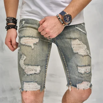 Os Homens Verão O Estilo Vintage Rasgado Slim Shorts Jeans Homens High Street Buracos Elegante Casual Reta Calções De Praia