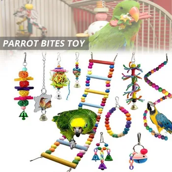 10pcs Gaiola do Pássaro Brinquedos Criativos Colorido Escada do Balanço Contas de Madeira de Bola Bell Papagaios de Mascar Brinquedo de Suprimentos