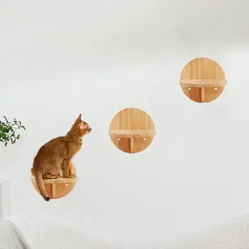 3 Peças Montadas na Parede de Madeira do Gato de Escalada Prateleiras Conjunto Circular de Salto Plataforma Pedal para o Gato Poleiro e Reprodução animal de Estimação Móveis