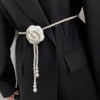 Elegante Camellia Pérola Cinto Da Moda De Luxo De Design Casual Cintura Cadeia Correia Da Cintura