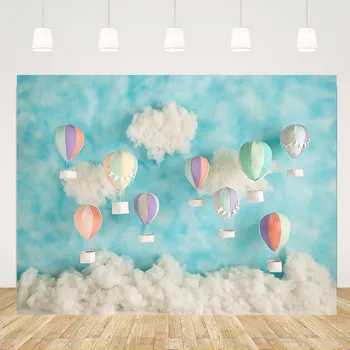 Colorido Balão De Ar Quente Do Chuveiro De Bebê Da Foto Pano De Fundo Balão De Ar Quente, Céu Azul, Nuvens Decora Recém-Nascido De Plano De Fundo Da Fotografia Adereços