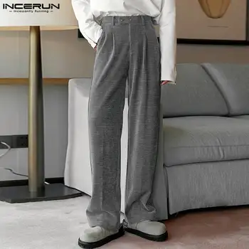 INCERUN 2023 Estilo coreano Homens de Calças de Veludo Perna Reta Pantalons Casual Streetwear Venda Quente de Perna Larga Calças compridas S-5XL