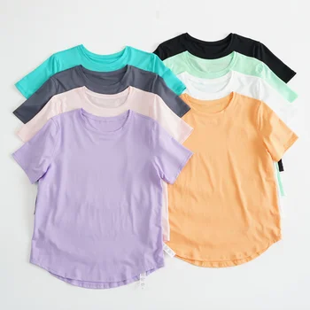 Classe de Ajuste de Pescoço Tripulação T-Shirt do Quadril Comprimento de Mulheres de Manga Curta de absorção do Suor Yoga Camisas Respirável Execução Soild Tops secagem Rápida