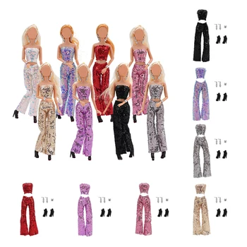 Moda de Lantejoulas Roupa Roupas de Set-Top & Calças de Terno Com Acessórios Para 30cm Boneca 1/6 Vestido da Boneca De 11,5