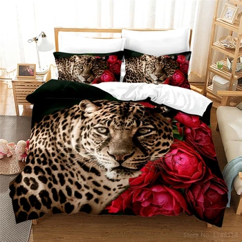 Cheetah & Rosa Flor de Impressão 3D Conjunto de roupa de Cama Queen King Size Leopardo Animal de Capa de Edredão Conjunto Macia Capa de Edredão com Fronha Conjunto