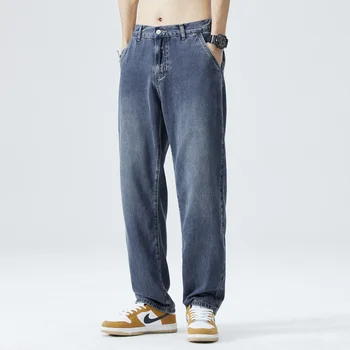 Homens de Primavera e Verão, Jeans Moda Casual Zíper Cordão Solto Reta Calças Simplicidade Vintage Calças para Homens