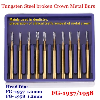 10pcs de Alta Velocidade Dental de Aço de Tungstênio carboneto de Brocas de Coroa de Metal de Corte, Brocas, FG-1957/1958 Odontologia Dentista ferramentas
