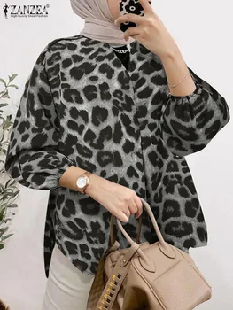 ZANZEA Casual Leopard Impresso Muçulmano Blusa Mulher Puff Manga com Decote em V Túnica Tops da Moda Turquia Camisa Elegante OL Camisa Oversize