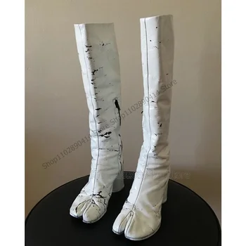 Tinta Branca, Lavagem De Pintura Design De Casco De Cavalo Botas De Deslizamento Sobre As Mulheres Sapatos De Chunky Salto Alto Da Moda Banquete 2023 Zapatos Para Mujere