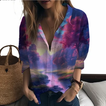 Nova Camisa Fantasia Vale de Impressão 3D Ms. Camisas Estilo de Lazer Mulheres Shirts da Moda de Rua Solto Senhora, Camisas de Senhoras