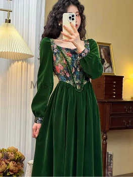 Green Velvet Vintage Floral Vestido De Uma Peça Mulheres De Impressão Y2k Elegante Vestido De Noite Da Festa Do Sexo Feminino Coreano Estilo De Roupa Do Inverno 2023