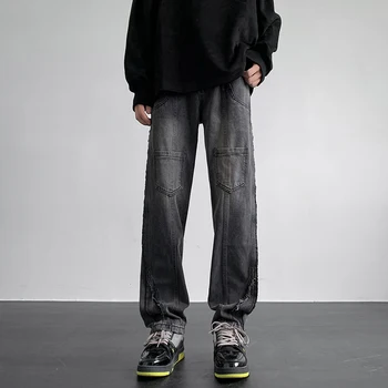 2023 Outono dos Homens Novos Jeans Vintage Clássico Estilo de Moda Casual Lavado Calças Jeans Masculina de Retalhos Reta Calças Soltas B141