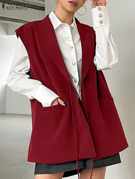 ZANZEA Elegante Laço Blazer Mulheres Colete sem Mangas Moda Lapela Colar Colete Estilo coreano Tanque de Jaquetas Oversized Outwears