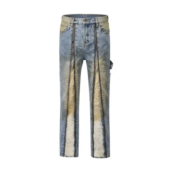 Zíper frontal Buraco Angustiado Lavado Vintage Homens de Calças Jeans Harajuku Y2K Reta de Tinta Pintada Baggy Jeans Calças Oversized