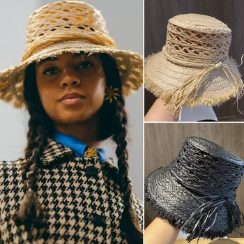 Moda natural de ráfia de verão chapéu de sol para as mulheres vazias estilo de chapéu de balde senhora artesanal de aba larga o chapéu fedora de palha