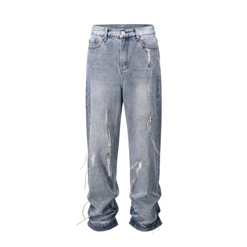 Cadeia de Laço Desfiado Lavado Pantalones Hombre Largas calças de Ganga para Homens Y2k Streetwear Lavado Casual, de Jeans, Calças Oversized