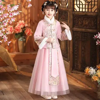 2023 Crianças Outono Inverno Novo Hanfu Menina Antigo Traje Quente do Ano Novo Chinês, Roupas de Bebê, Crianças Tang Terno Vestido de Palco