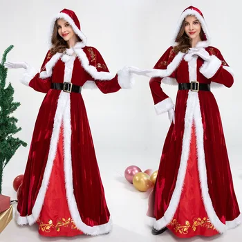 2023 Novo vermelho com capuz xale de pêlo longo da saia vestido de Natal Anual de vestido de festa de festa de Natal