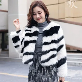 Zebra Imitação De Peles De Moda Casaco Novo Curta-2024 Outono Inverno Temperamento Grosso Mao Mao Casaco De Pele Quente E Elegante Jaqueta Mulheres