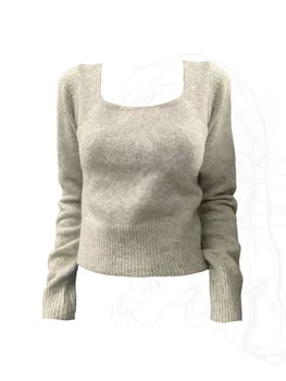 Simples Quadrado Cinza De Gola Mulheres Blusas 2023 Outono Inverno Nova Moda Casual De Malha Camisolas Senhora Do Escritório Clássica De Camisola