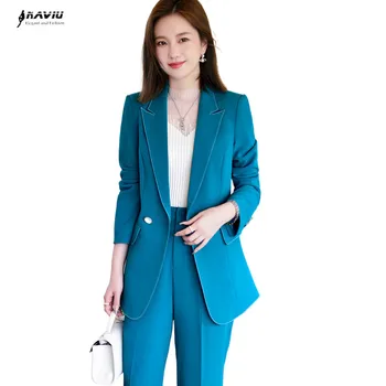 NAVIU High-End Azul se adapte às Mulheres Novas de Outono Inverno Profissional Temprament Formal de Blazer E Calças de Conjuntos de Senhoras vestuário de Trabalho