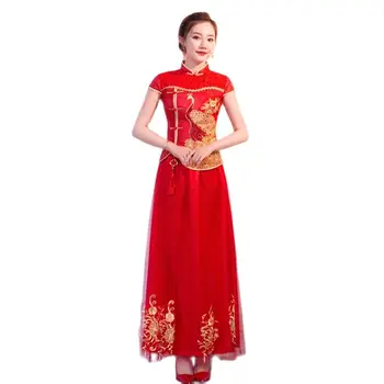Chinês Tradicional Qipao Pavão Padrão De Casamento Clássico Longa E Elegante Vestido De Noiva Vermelho Oriental Tradicional, Cheongsam