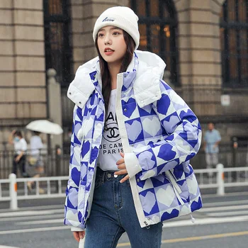 2023 Inverno Curto Nova Casual Mulheres Jaqueta Coreano Moda Quente Com Capuz Casaco Chique Impressão De Amor Grosso Parkas 5 Cores