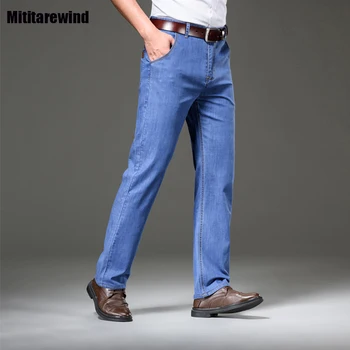 Verão Homens Jeans Business Casual Calça Jeans Reta Lavada Fina Trecho Azul Baggy Jeans Confortável Simples Calças De Tamanho Grande 29-40