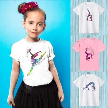 A Ginasta Dançarina T-Shirt Femme Aquarela Do Arco-Íris Ginástica Arte Camiseta De Verão Meninas Crianças T-Shirt Tops Criança Streetwear Hipster