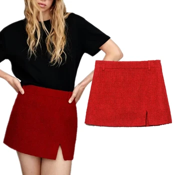 Secou-Moda Elegante de Tweed Vermelho Mini Saias das Mulheres de Outono E Inverno, as Mulheres da Nova Textura da Saia