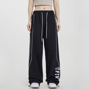 Hip Hop Harajuku Mulheres Listrado Calça Com Elástico Na Cintura Oversize Streetwear Novo Corredor Casual Ampla Perna Reta Esportes Calças